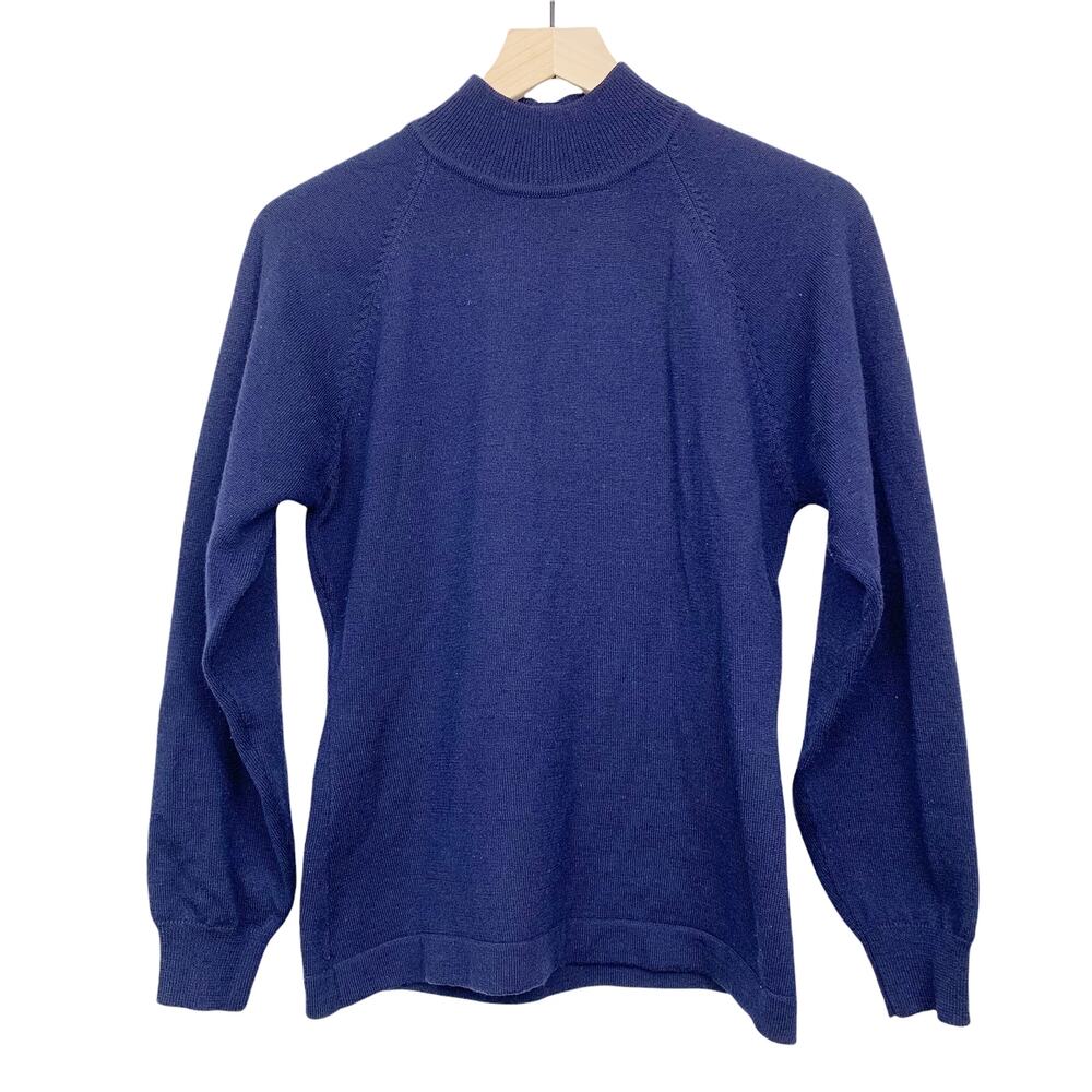 Vintage Mock Neck Sweater Merino Wool Size Small Blue Button Neck Balloon Sleeve